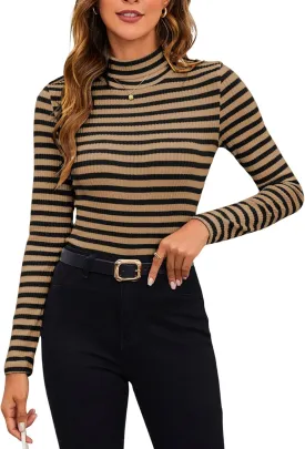 MakeMeChic Women's Turtle Necks Tops Striped Basic Long Sleeve Top Tee Shirt