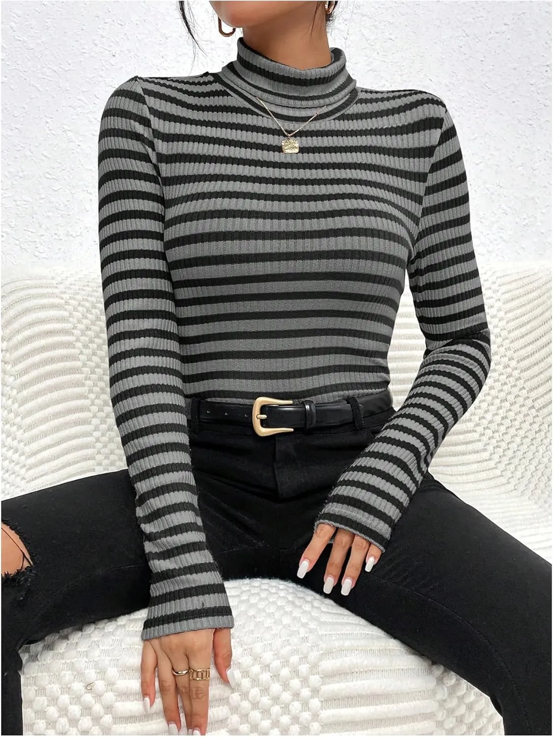 MakeMeChic Women's Turtle Necks Tops Striped Basic Long Sleeve Top Tee Shirt