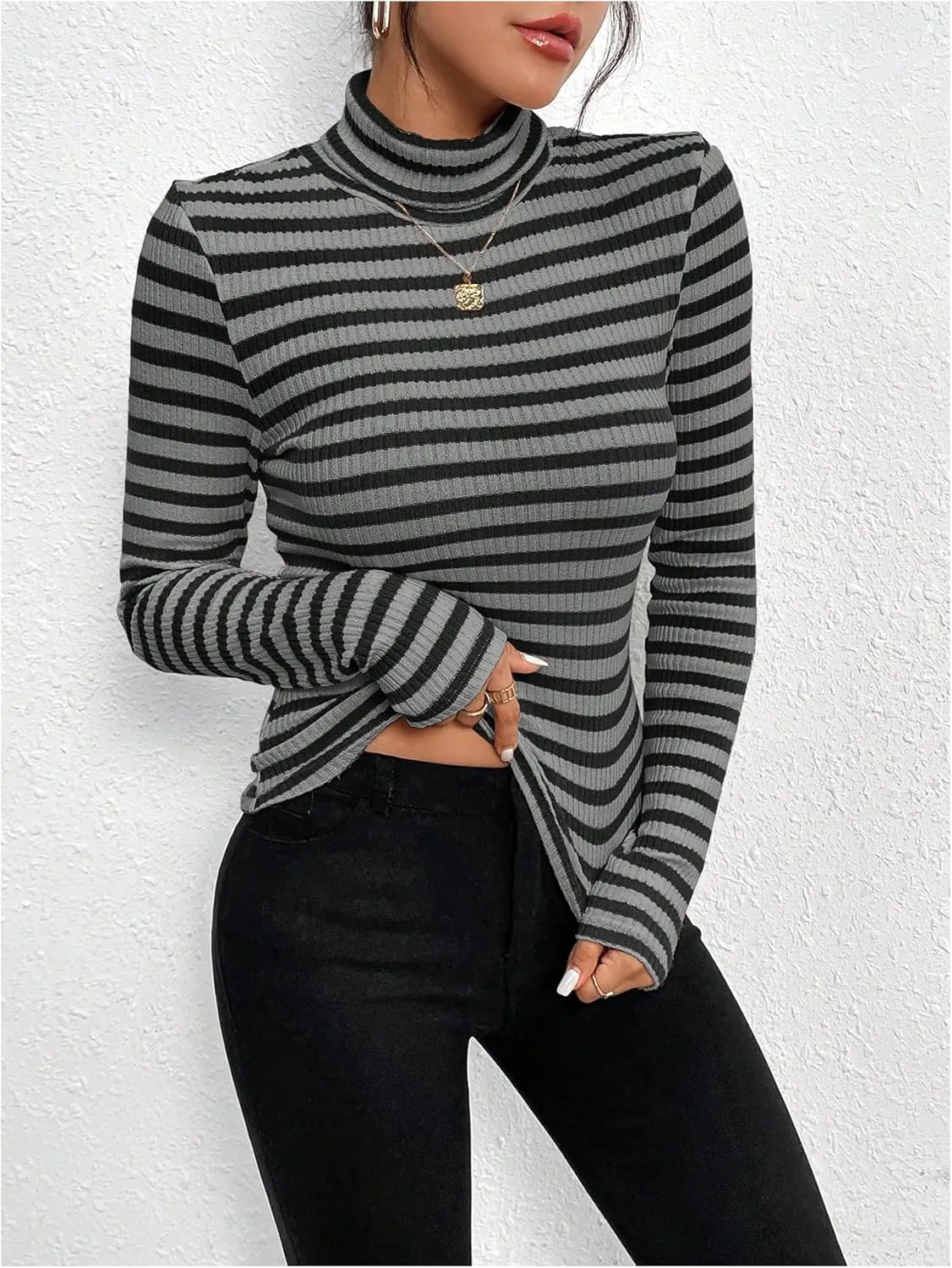 MakeMeChic Women's Turtle Necks Tops Striped Basic Long Sleeve Top Tee Shirt