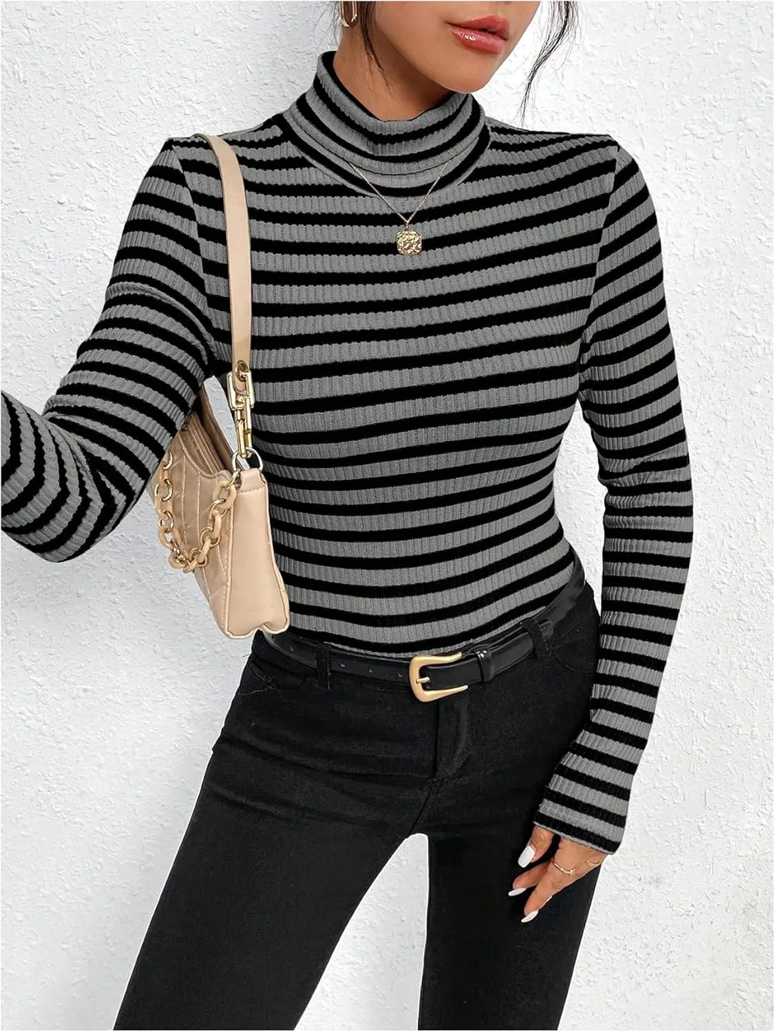 MakeMeChic Women's Turtle Necks Tops Striped Basic Long Sleeve Top Tee Shirt