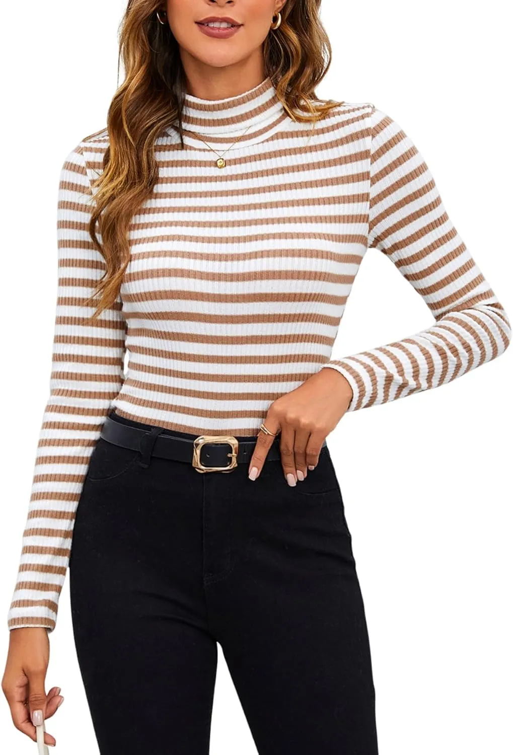 MakeMeChic Women's Turtle Necks Tops Striped Basic Long Sleeve Top Tee Shirt