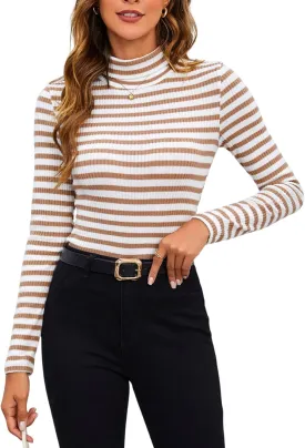 MakeMeChic Women's Turtle Necks Tops Striped Basic Long Sleeve Top Tee Shirt