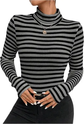 MakeMeChic Women's Turtle Necks Tops Striped Basic Long Sleeve Top Tee Shirt