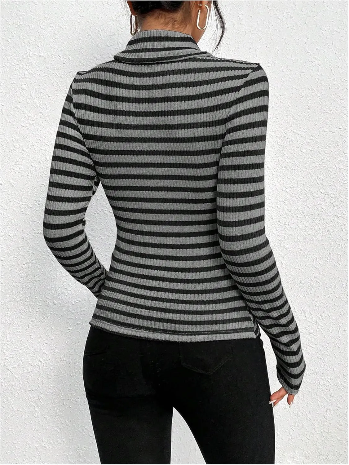 MakeMeChic Women's Turtle Necks Tops Striped Basic Long Sleeve Top Tee Shirt