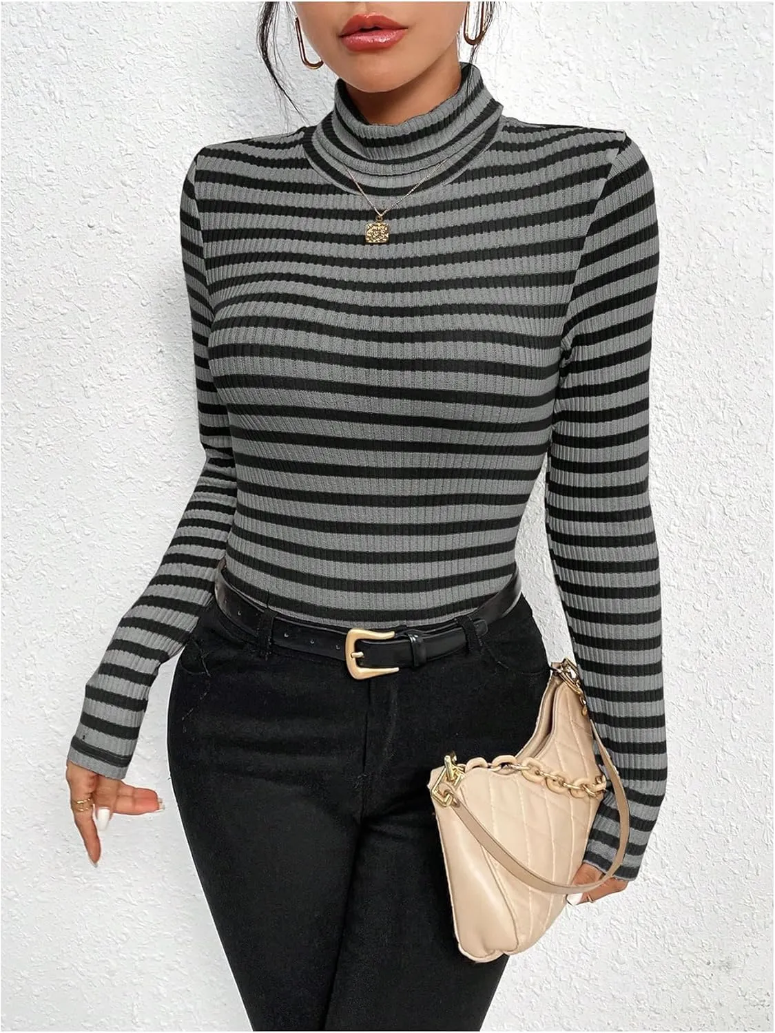 MakeMeChic Women's Turtle Necks Tops Striped Basic Long Sleeve Top Tee Shirt