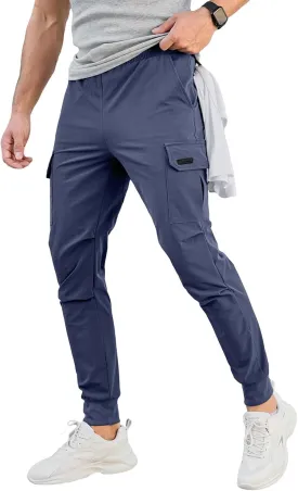 Men's Cargo Jogger Pants Stretch Sweatpants with Zipper Pockets Drawstring Outdoor Trousers Slim Fit Tapered Sweatpants