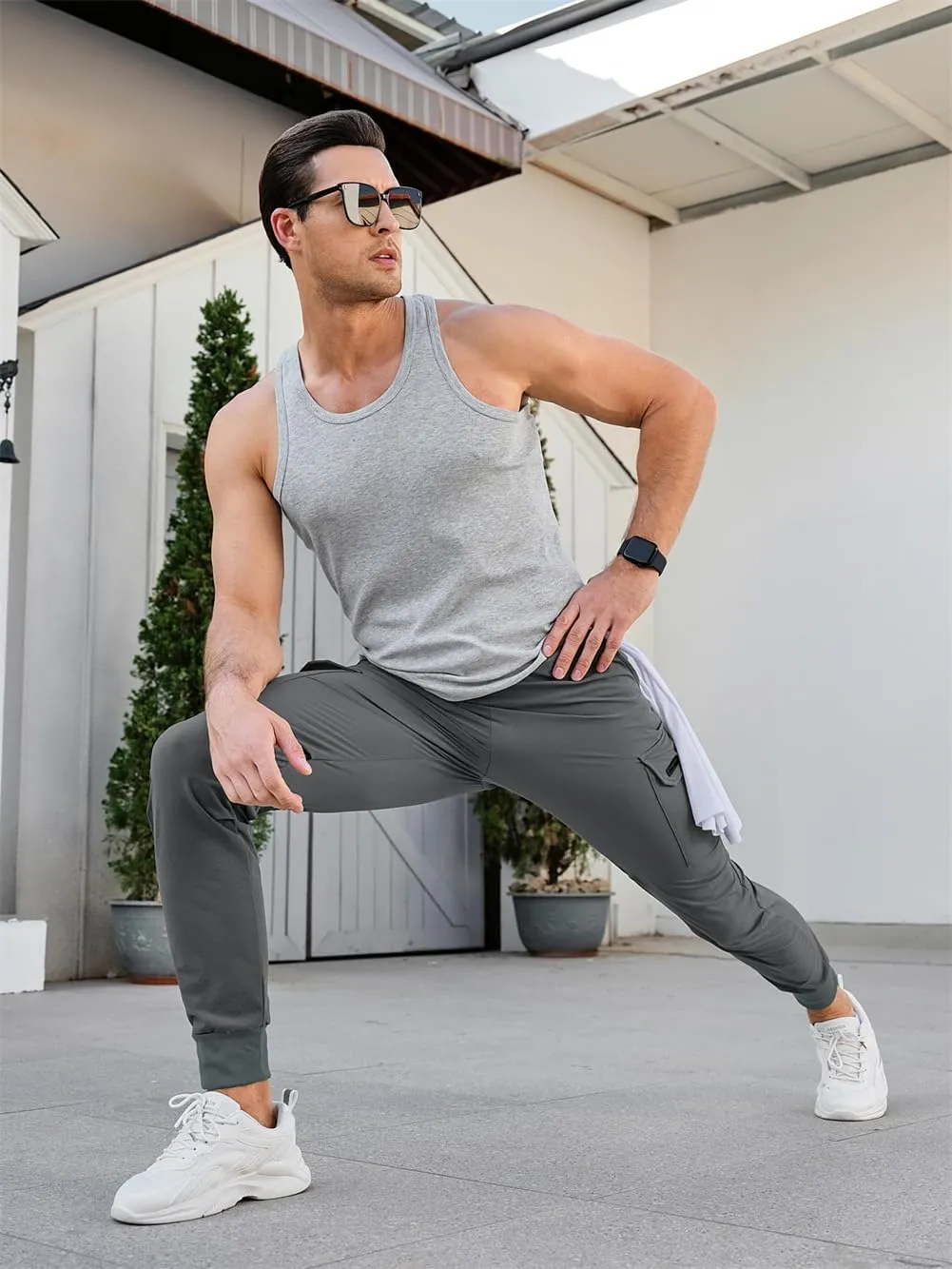 Men's Cargo Jogger Pants Stretch Sweatpants with Zipper Pockets Drawstring Outdoor Trousers Slim Fit Tapered Sweatpants