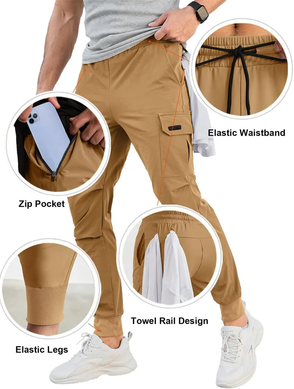 Men's Cargo Jogger Pants Stretch Sweatpants with Zipper Pockets Drawstring Outdoor Trousers Slim Fit Tapered Sweatpants