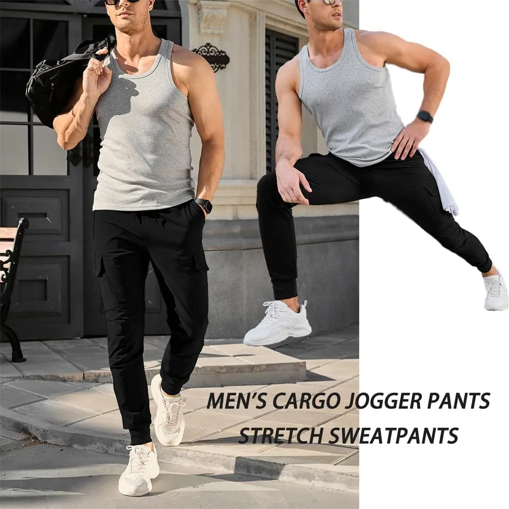 Men's Cargo Jogger Pants Stretch Sweatpants with Zipper Pockets Drawstring Outdoor Trousers Slim Fit Tapered Sweatpants