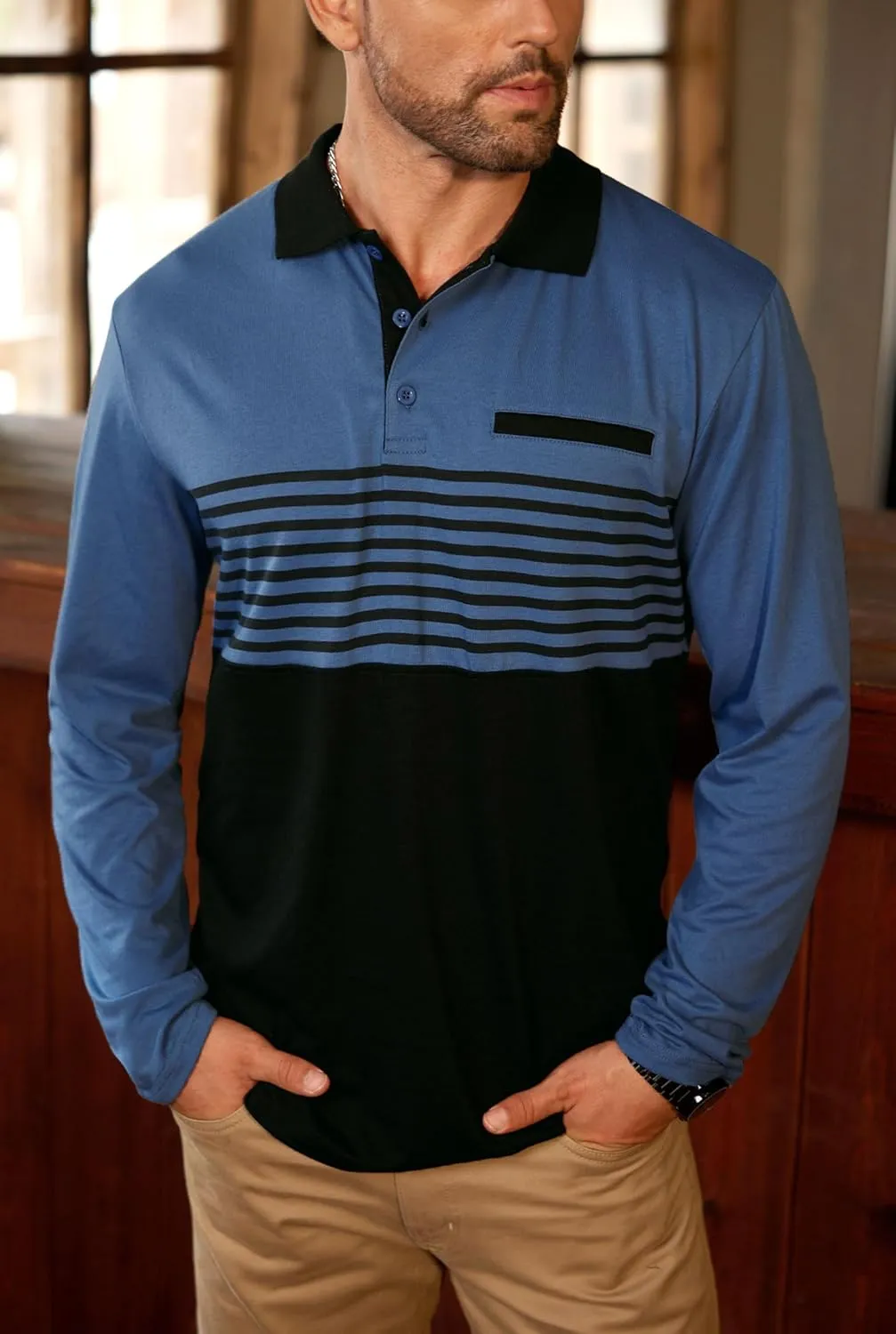 Mens Color Block Golf Polo Shirts Long Sleeve Striped Casual Shirt (S-XXL)