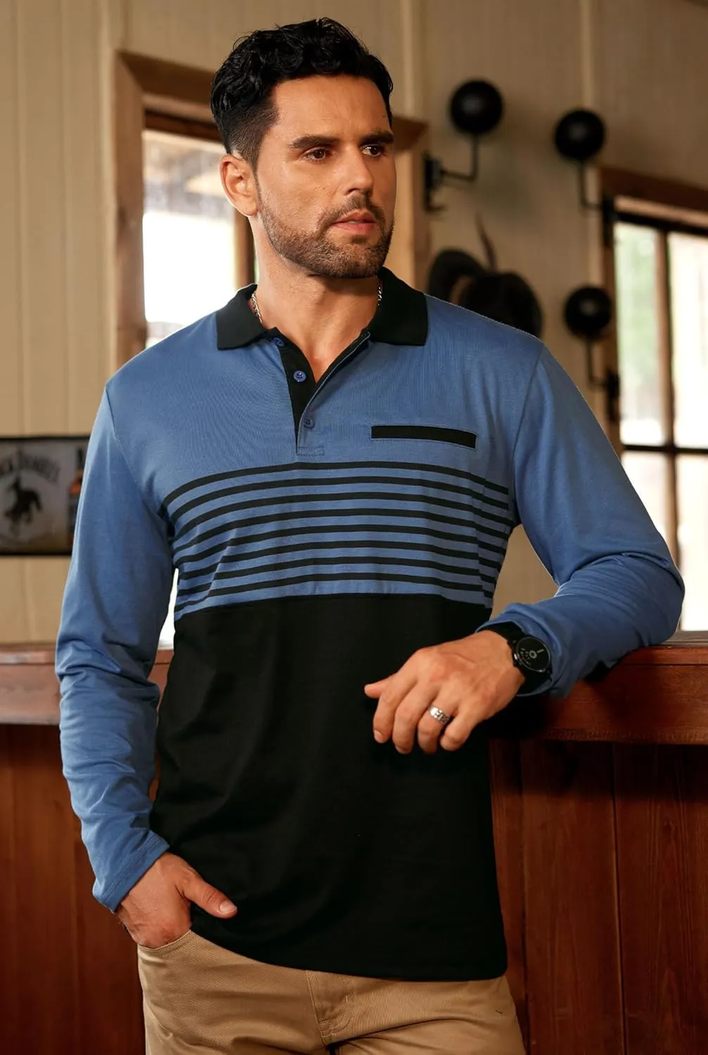 Mens Color Block Golf Polo Shirts Long Sleeve Striped Casual Shirt (S-XXL)