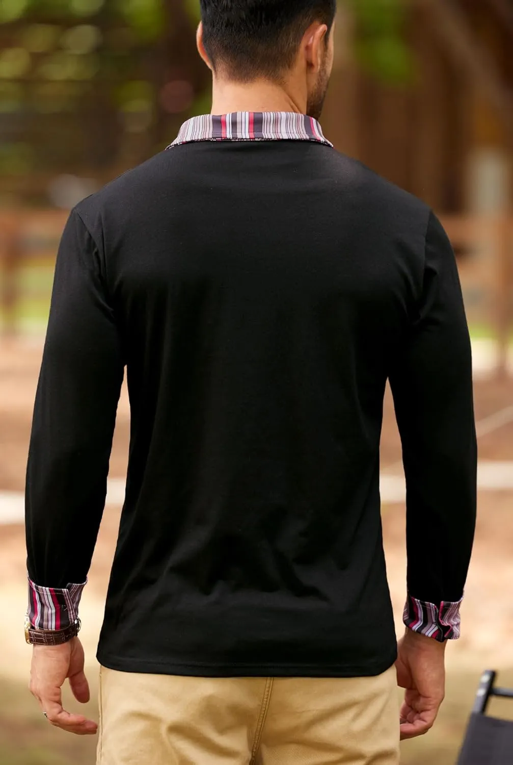 Mens Color Block Golf Polo Shirts Long Sleeve Striped Casual Shirt (S-XXL)