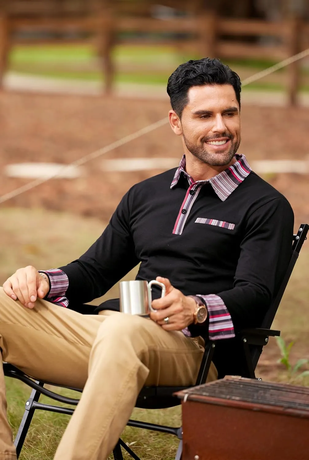 Mens Color Block Golf Polo Shirts Long Sleeve Striped Casual Shirt (S-XXL)