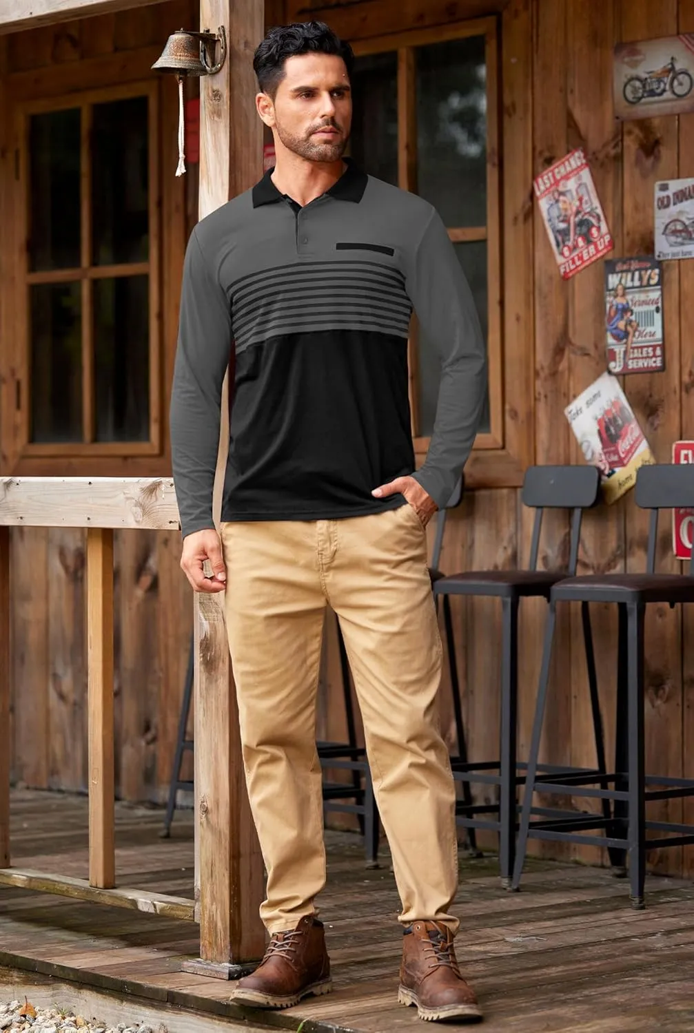 Mens Color Block Golf Polo Shirts Long Sleeve Striped Casual Shirt (S-XXL)