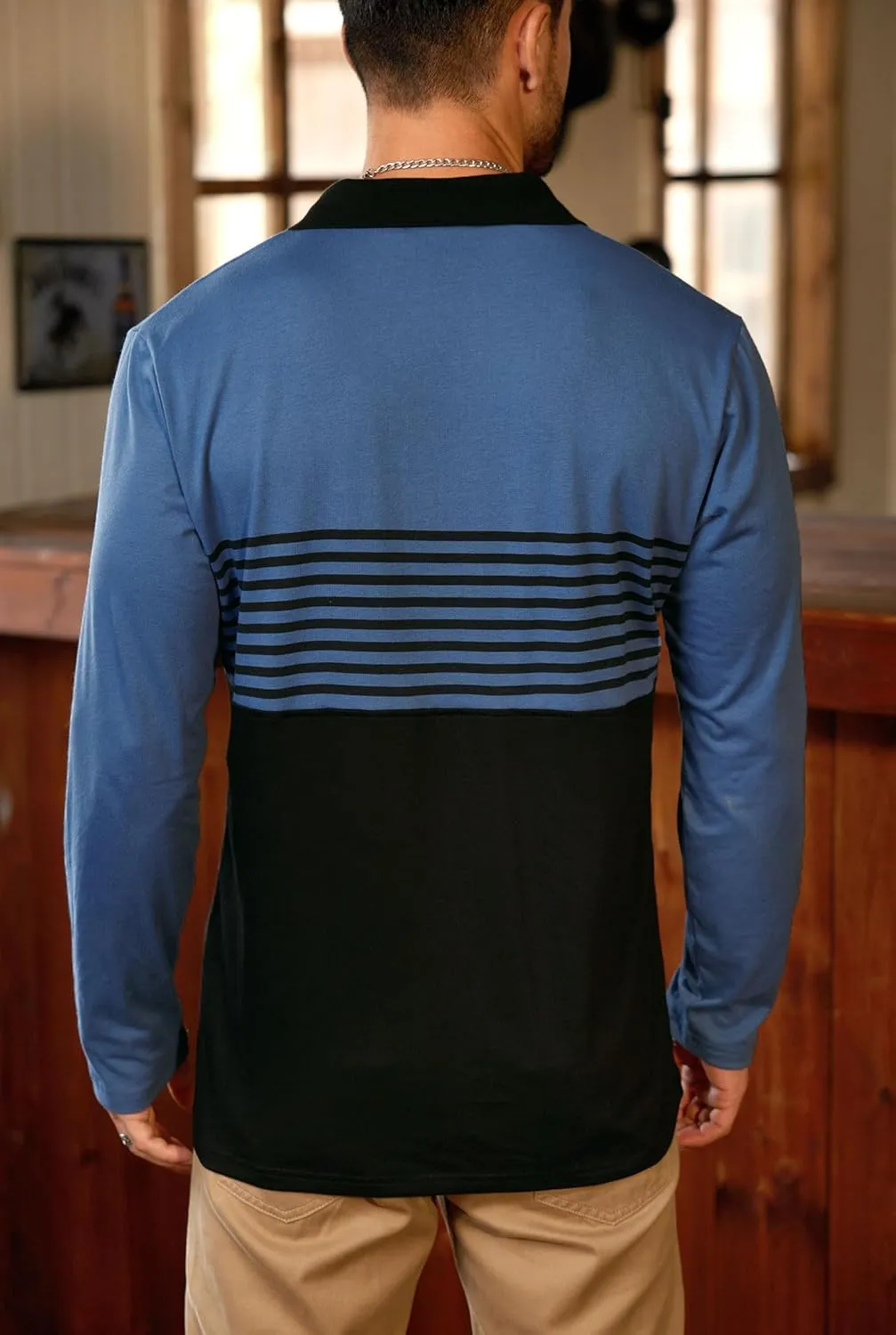 Mens Color Block Golf Polo Shirts Long Sleeve Striped Casual Shirt (S-XXL)