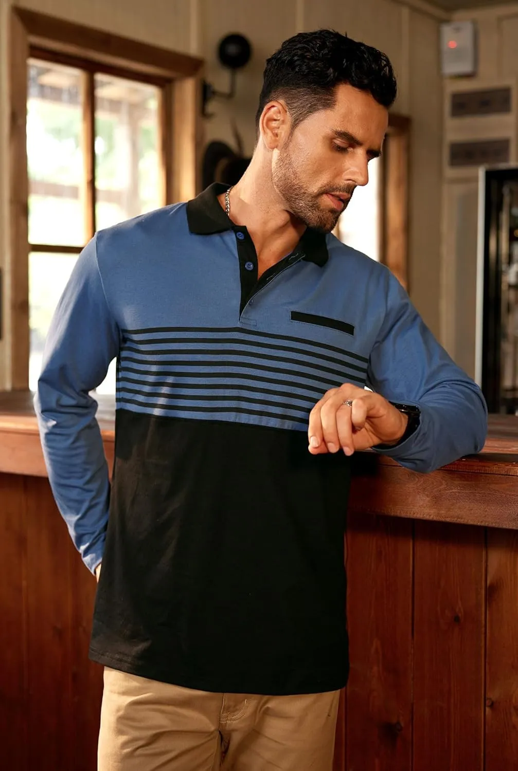 Mens Color Block Golf Polo Shirts Long Sleeve Striped Casual Shirt (S-XXL)