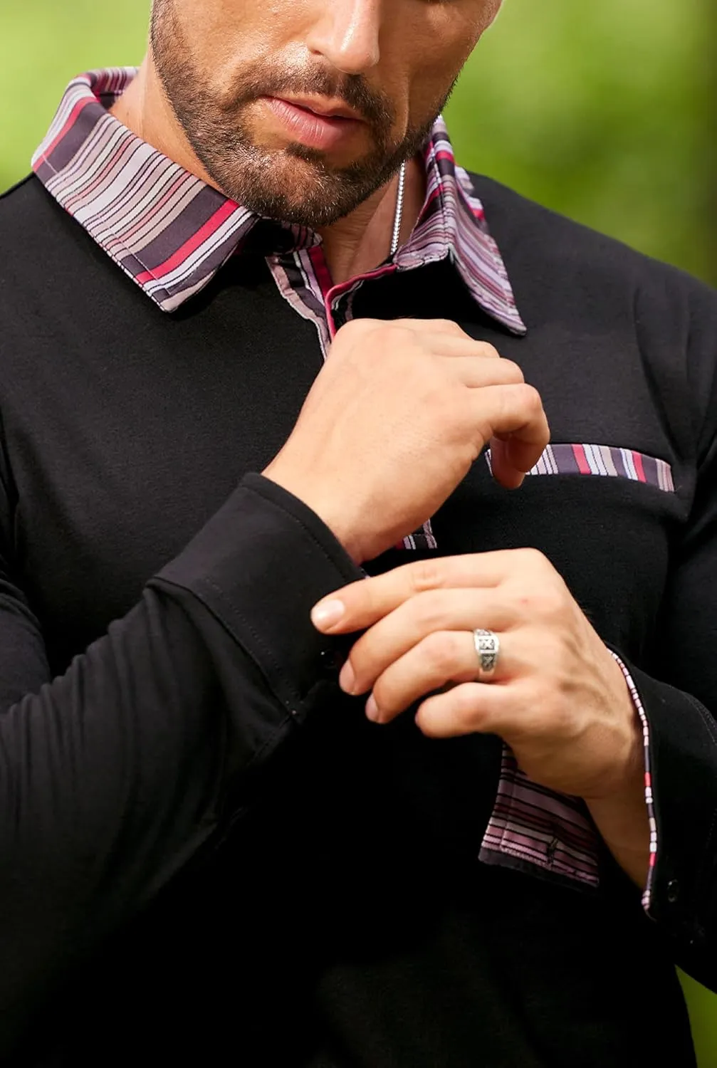 Mens Color Block Golf Polo Shirts Long Sleeve Striped Casual Shirt (S-XXL)