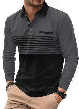 Mens Color Block Golf Polo Shirts Long Sleeve Striped Casual Shirt (S-XXL)