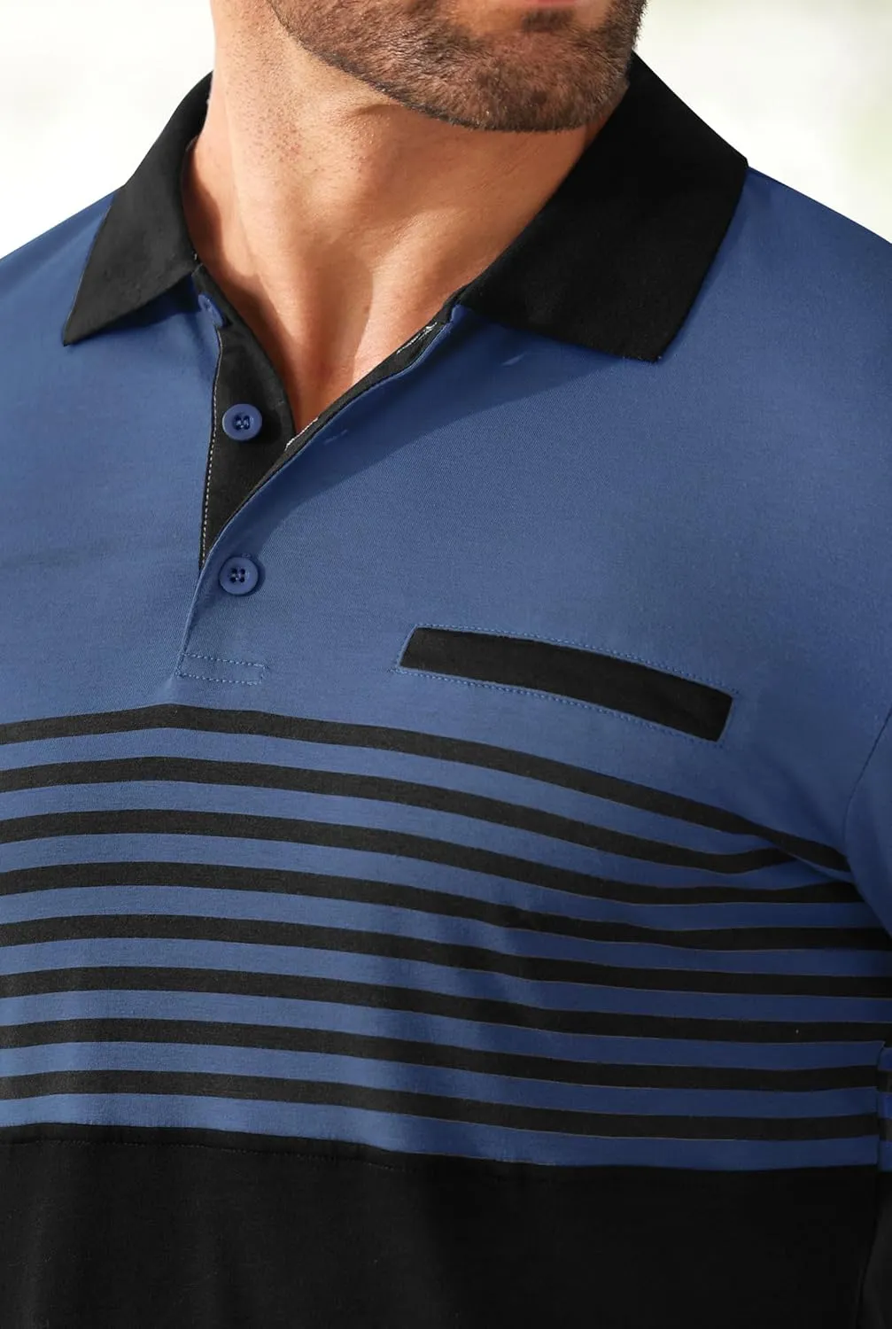 Mens Color Block Golf Polo Shirts Long Sleeve Striped Casual Shirt (S-XXL)