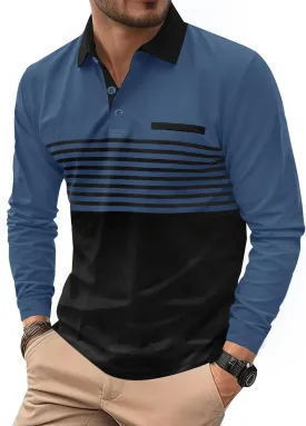 Mens Color Block Golf Polo Shirts Long Sleeve Striped Casual Shirt (S-XXL)