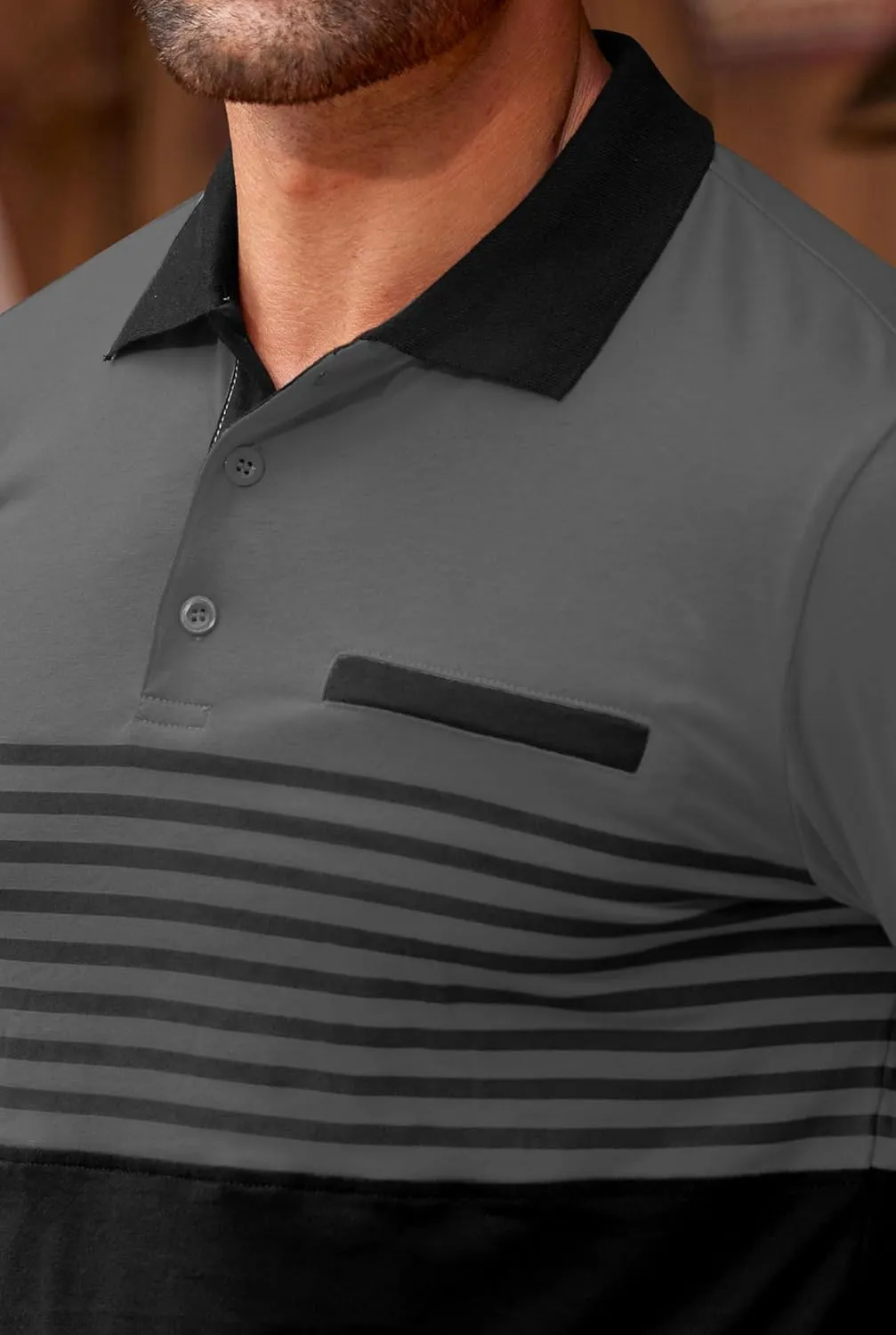 Mens Color Block Golf Polo Shirts Long Sleeve Striped Casual Shirt (S-XXL)
