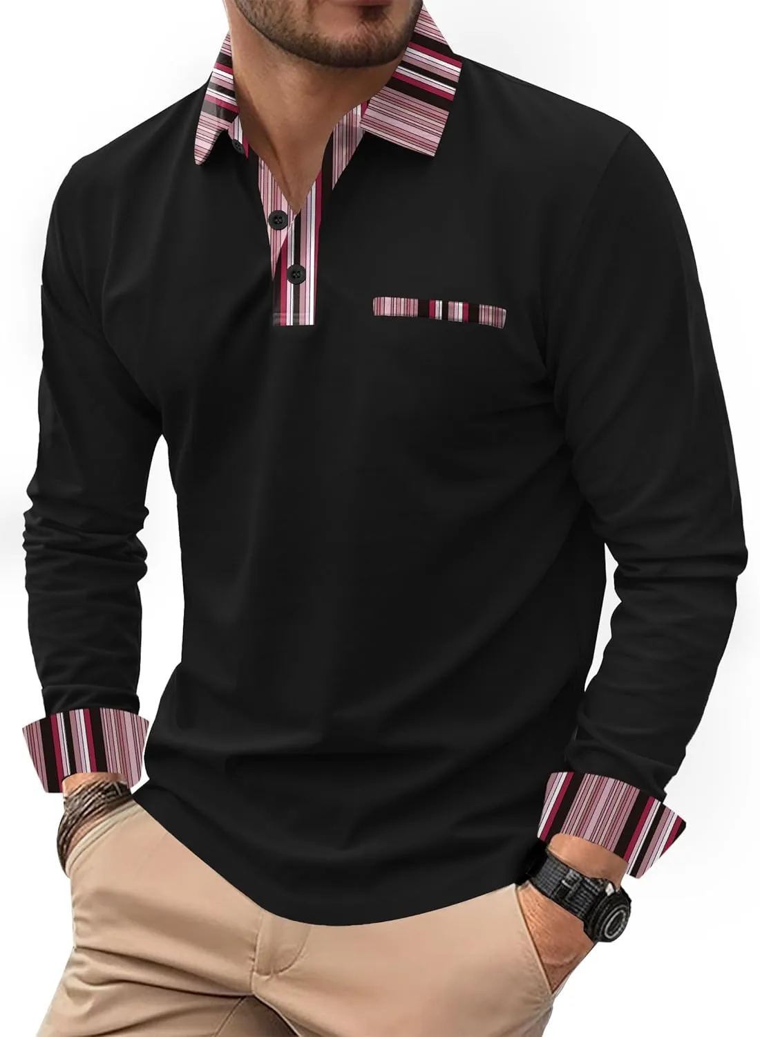 Mens Color Block Golf Polo Shirts Long Sleeve Striped Casual Shirt (S-XXL)