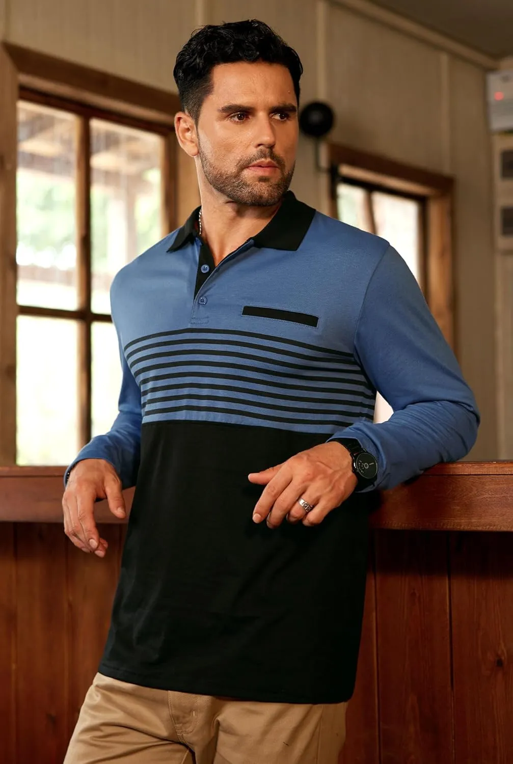 Mens Color Block Golf Polo Shirts Long Sleeve Striped Casual Shirt (S-XXL)