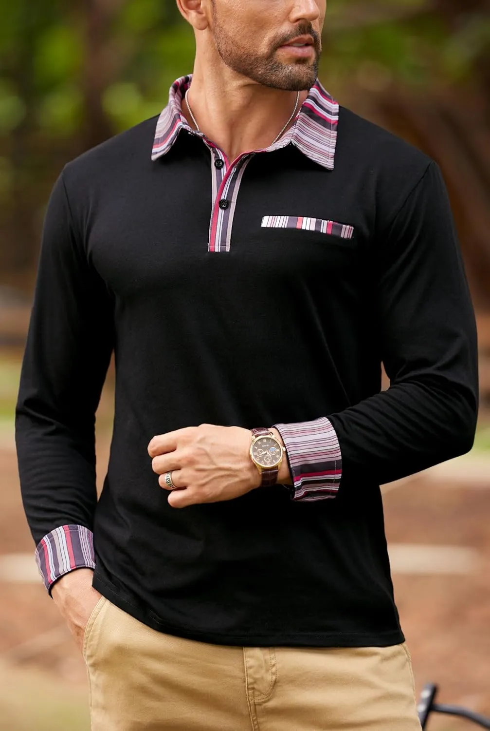 Mens Color Block Golf Polo Shirts Long Sleeve Striped Casual Shirt (S-XXL)