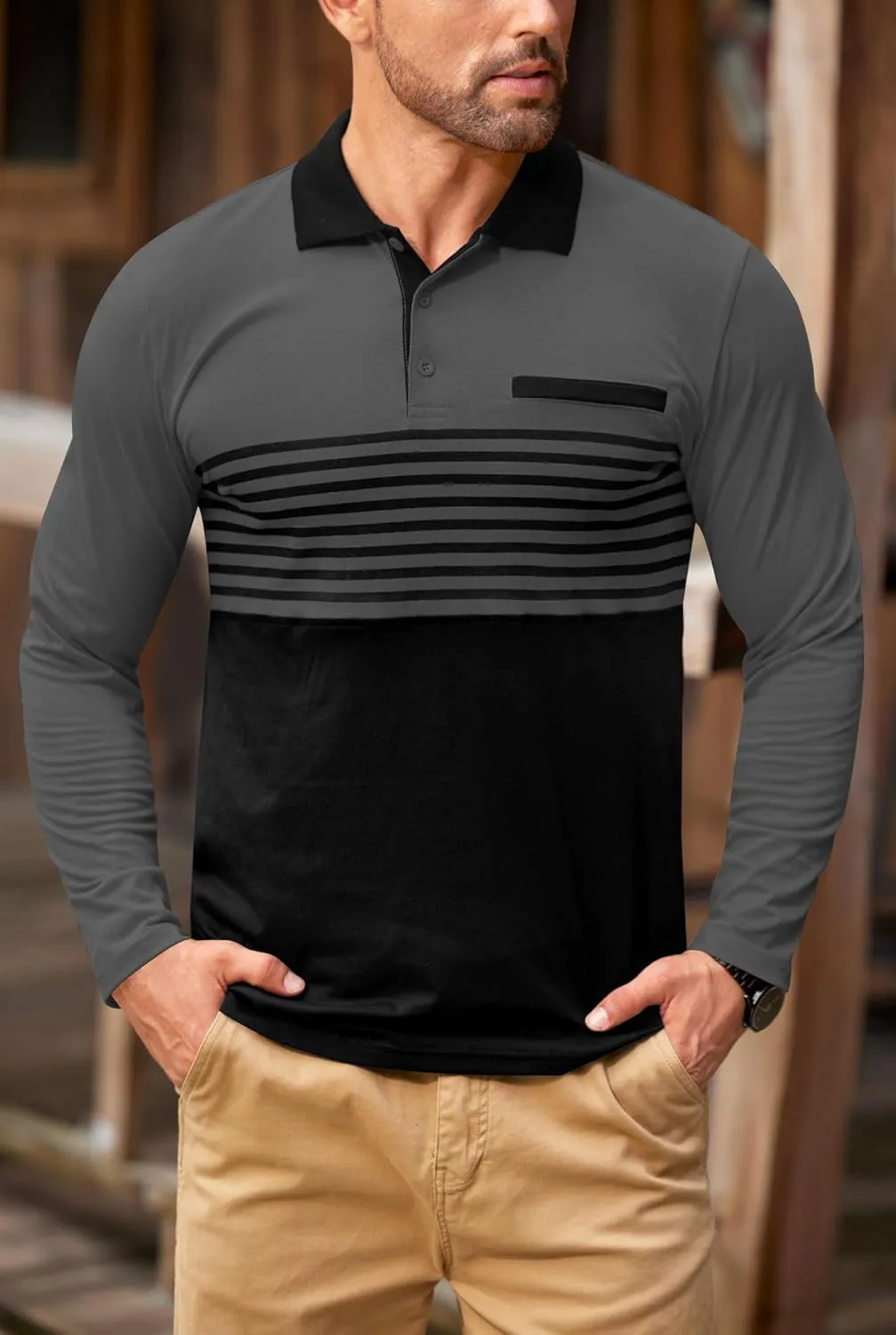 Mens Color Block Golf Polo Shirts Long Sleeve Striped Casual Shirt (S-XXL)
