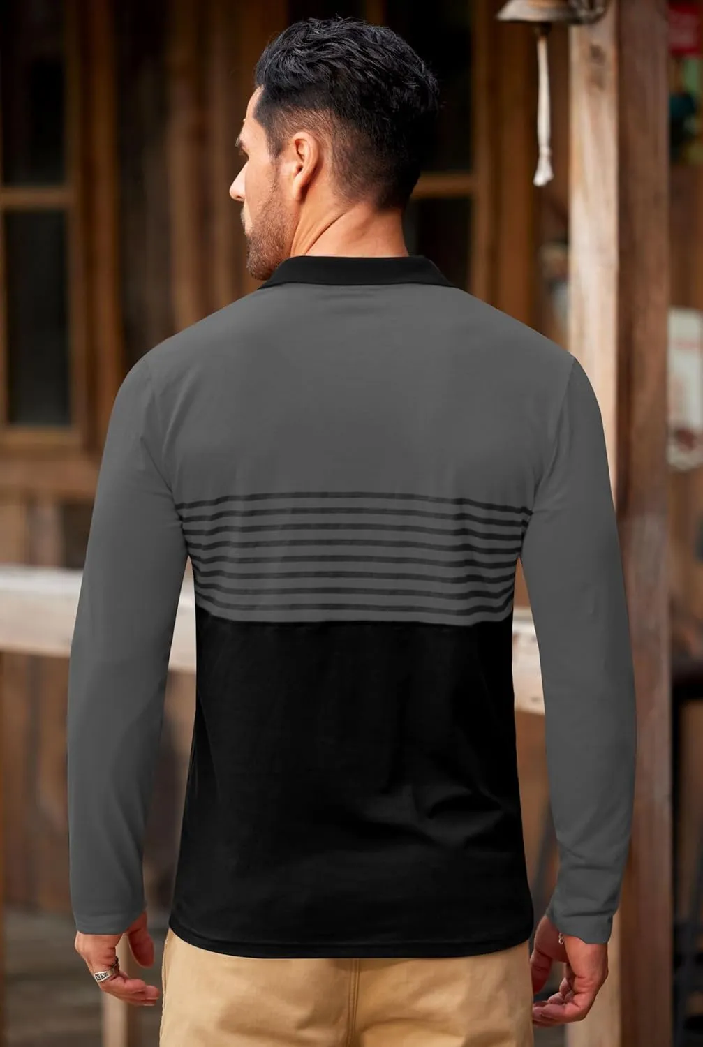 Mens Color Block Golf Polo Shirts Long Sleeve Striped Casual Shirt (S-XXL)