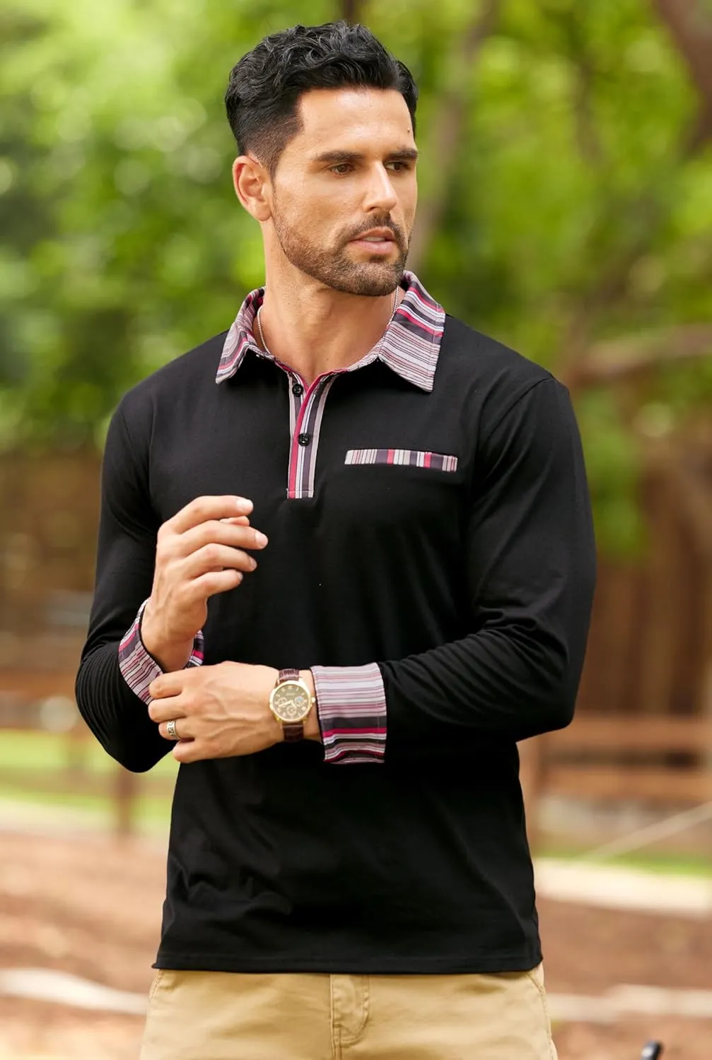 Mens Color Block Golf Polo Shirts Long Sleeve Striped Casual Shirt (S-XXL)