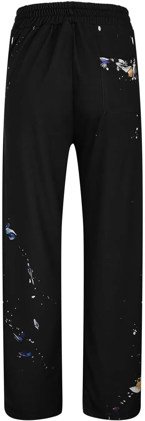 Mens Hip Hop Stacked Sweatpants Drawstring Elastic Waist Y2K Flared Jogger Pants Relaxed Fit Print Bell Bottom Pants