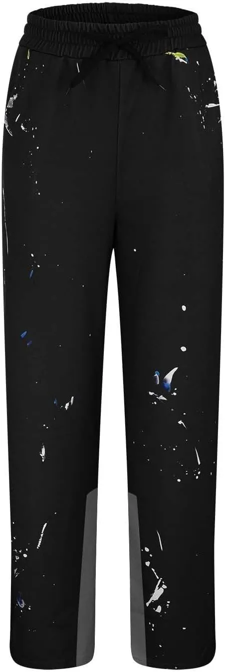 Mens Hip Hop Stacked Sweatpants Drawstring Elastic Waist Y2K Flared Jogger Pants Relaxed Fit Print Bell Bottom Pants