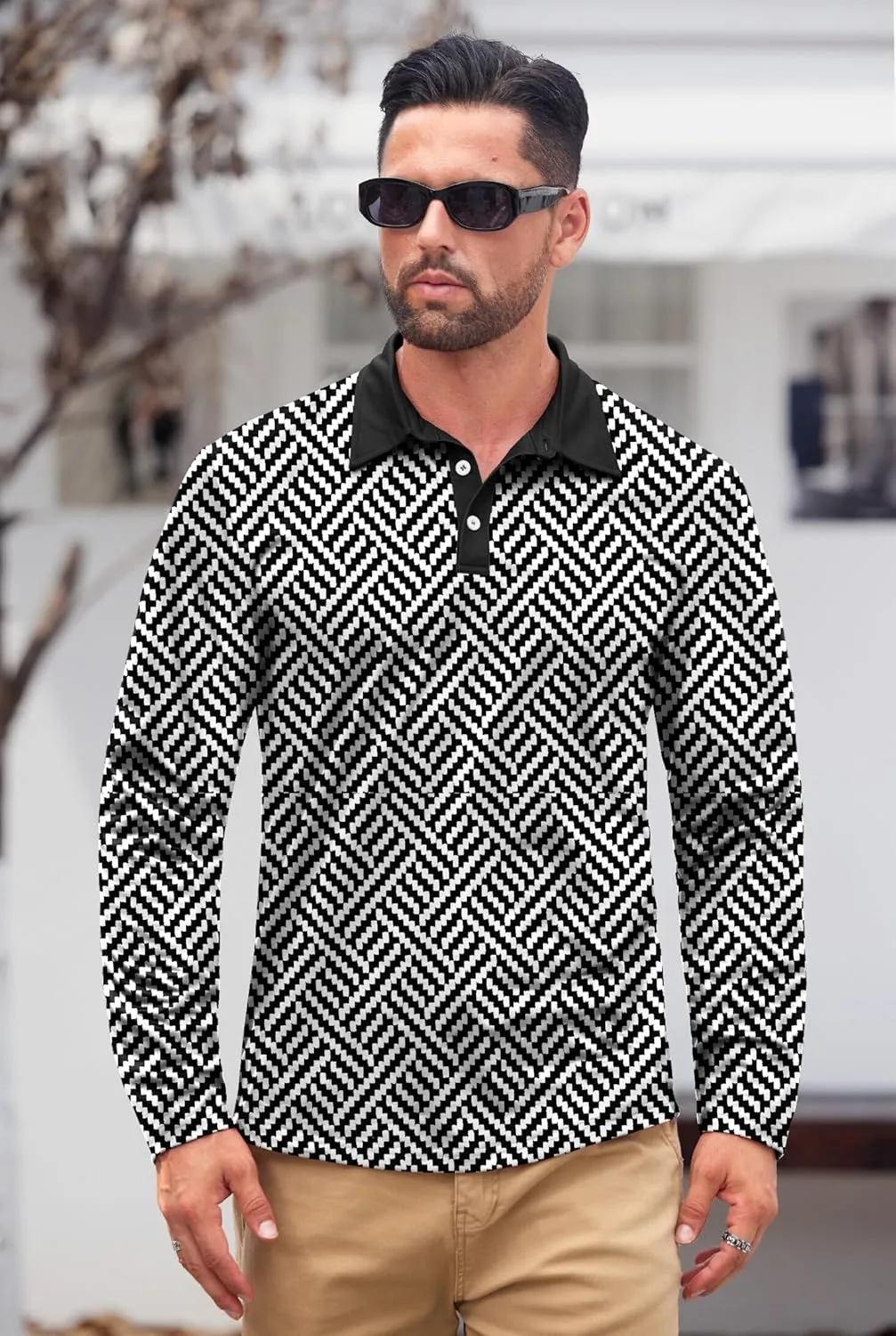 Mens Long Sleeve Polo Shirts Print Casual Vintage Classic Golf Shirt (S-XXL)