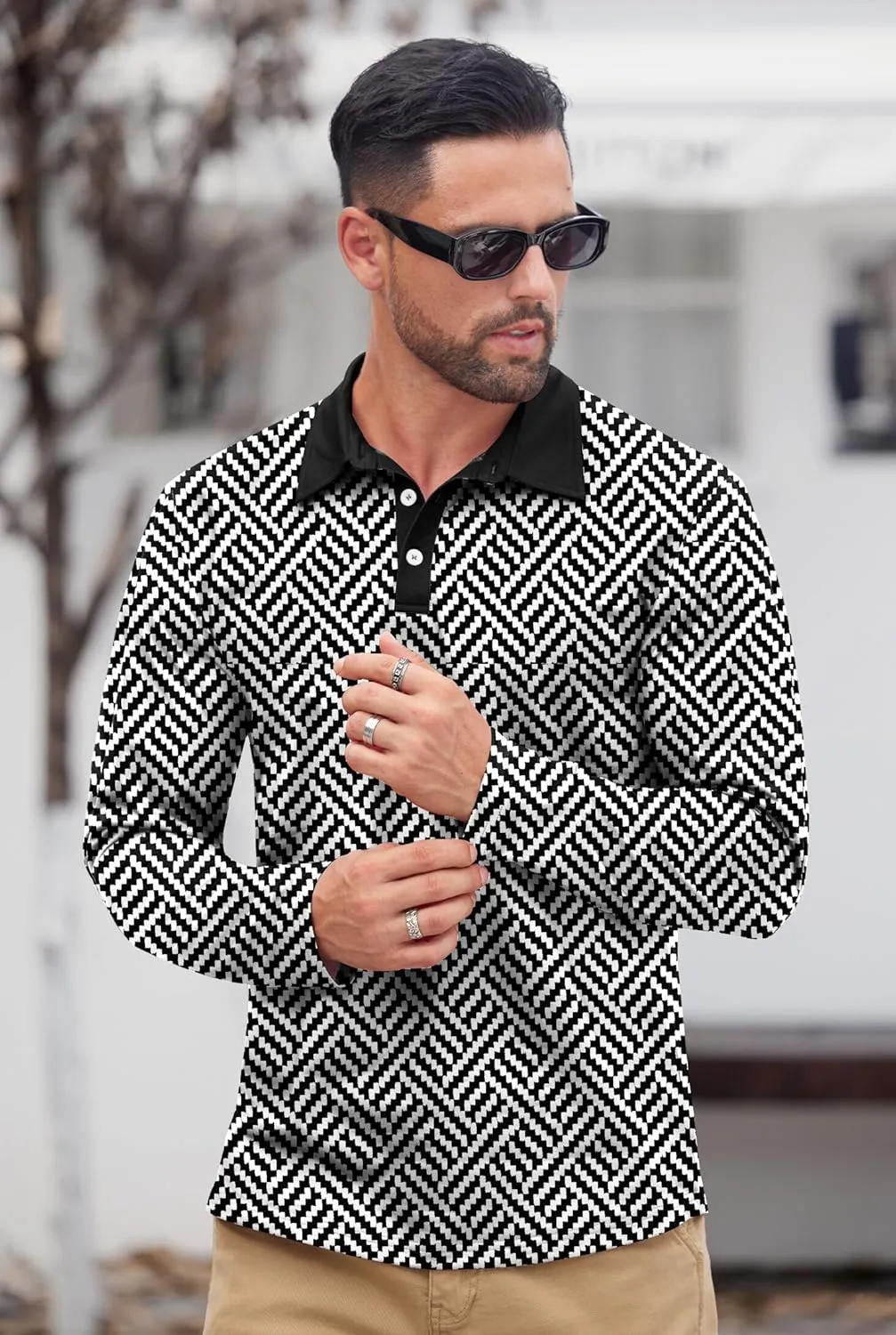 Mens Long Sleeve Polo Shirts Print Casual Vintage Classic Golf Shirt (S-XXL)