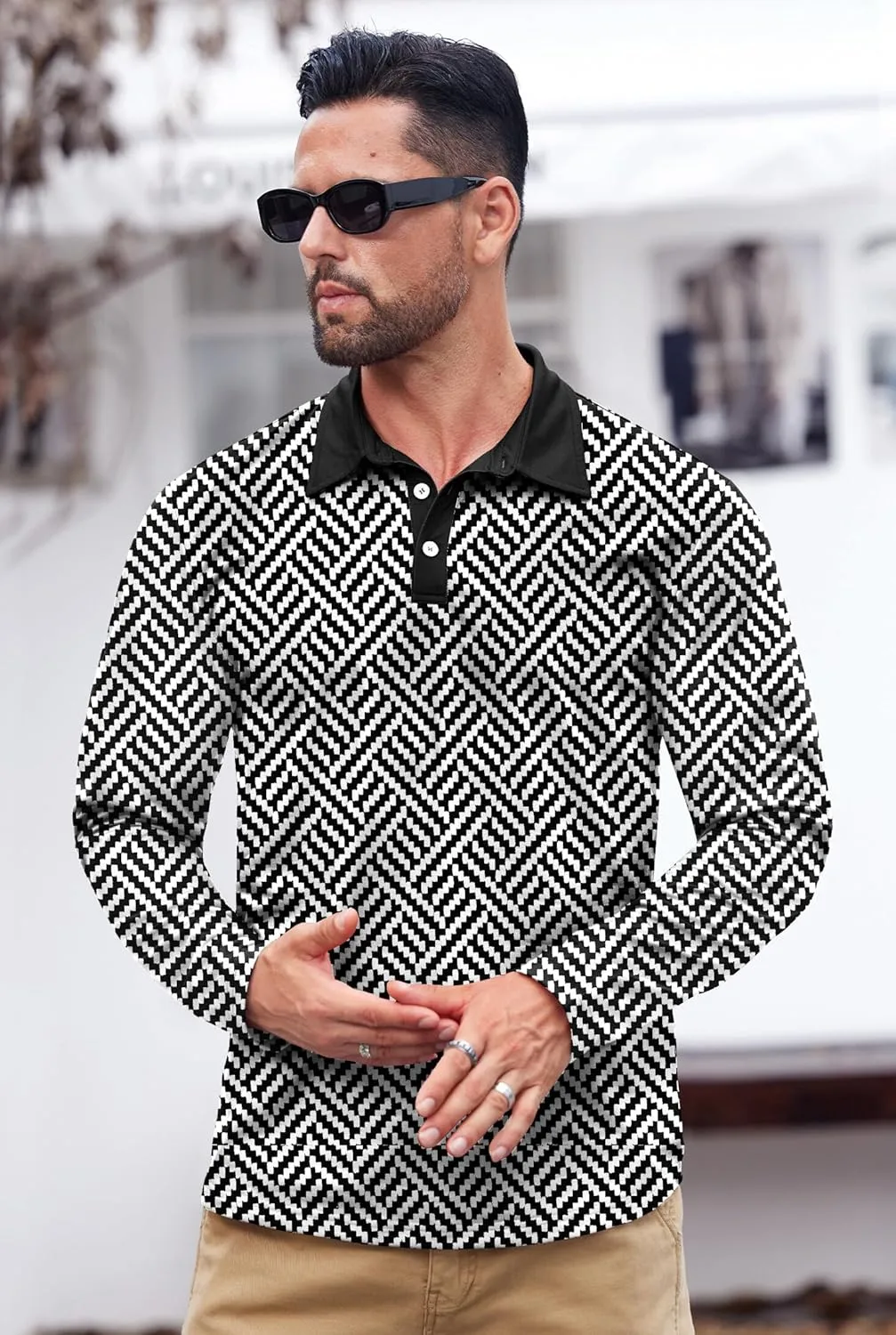 Mens Long Sleeve Polo Shirts Print Casual Vintage Classic Golf Shirt (S-XXL)