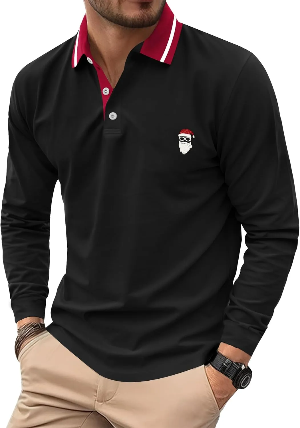 Mens Long Sleeve Polo Shirts Print Casual Vintage Classic Golf Shirt (S-XXL)