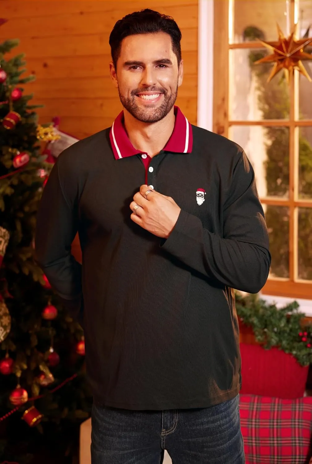 Mens Long Sleeve Polo Shirts Print Casual Vintage Classic Golf Shirt (S-XXL)