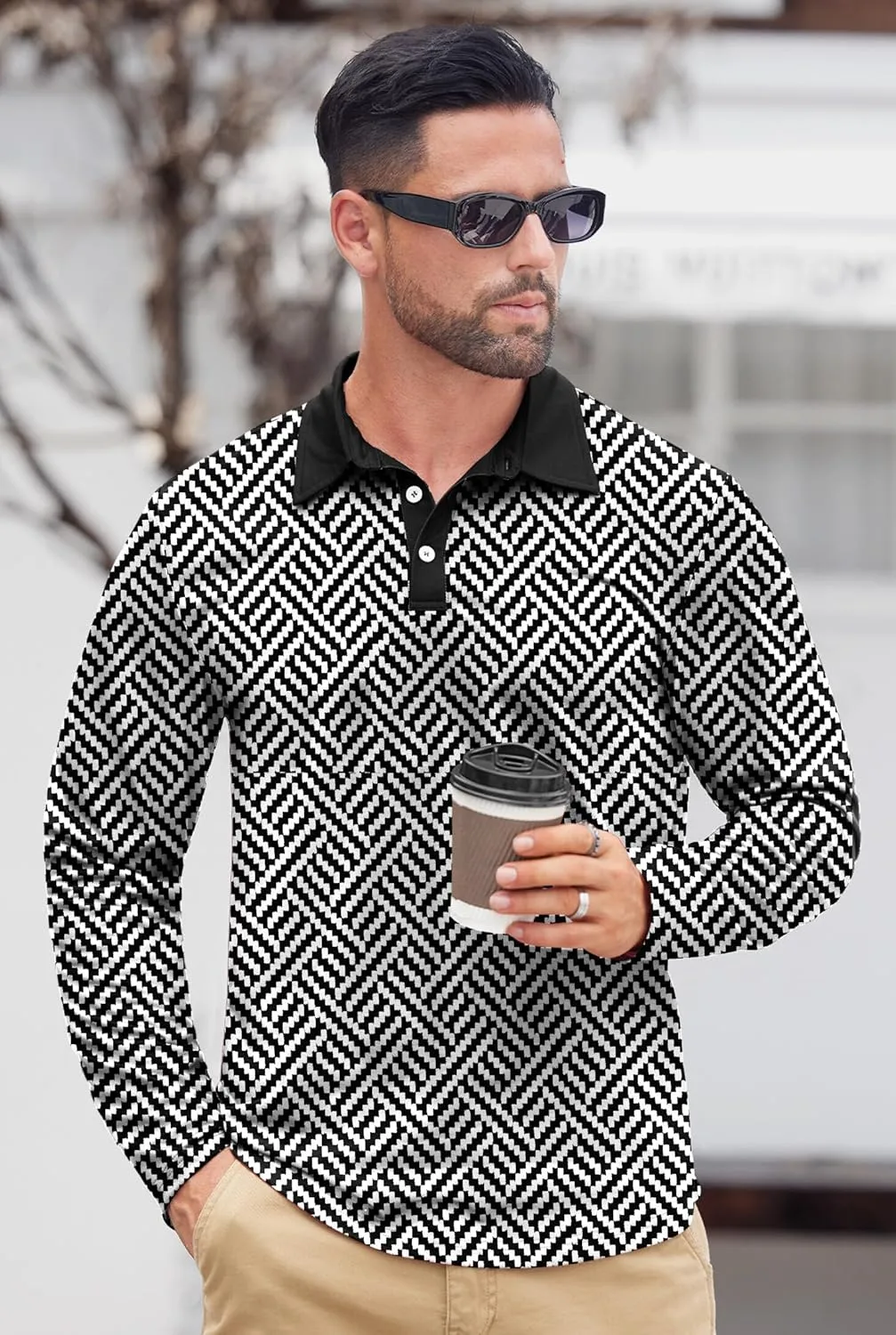 Mens Long Sleeve Polo Shirts Print Casual Vintage Classic Golf Shirt (S-XXL)