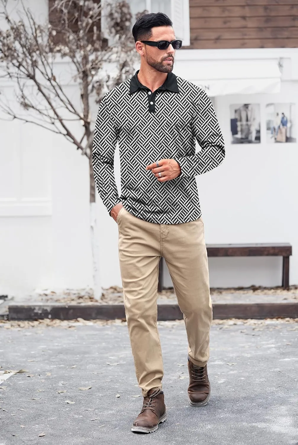 Mens Long Sleeve Polo Shirts Print Casual Vintage Classic Golf Shirt (S-XXL)