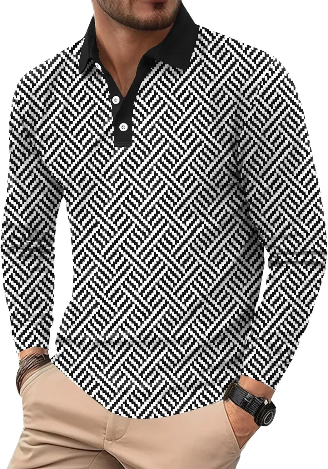 Mens Long Sleeve Polo Shirts Print Casual Vintage Classic Golf Shirt (S-XXL)