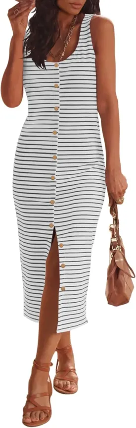 MEROKEETY Women's Summer Sleeveless Striped T Shirt Tank Midi Dress Casual Scoop Neck Bodycon Dresses