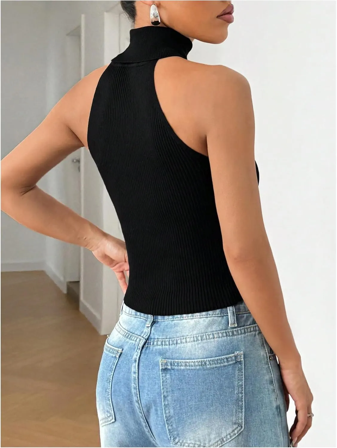 Milumia Women's High Neck Turtleneck Sleeveless Sweater Tank Top Ribbed Knit Crop Tops