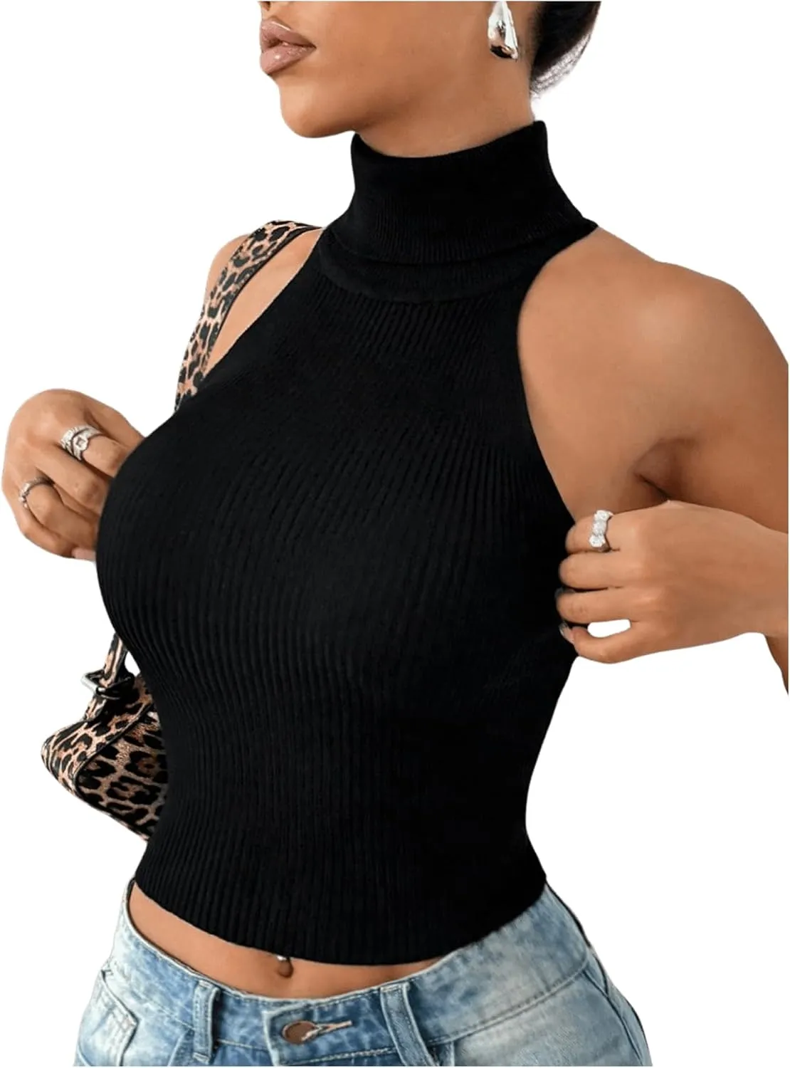 Milumia Women's High Neck Turtleneck Sleeveless Sweater Tank Top Ribbed Knit Crop Tops
