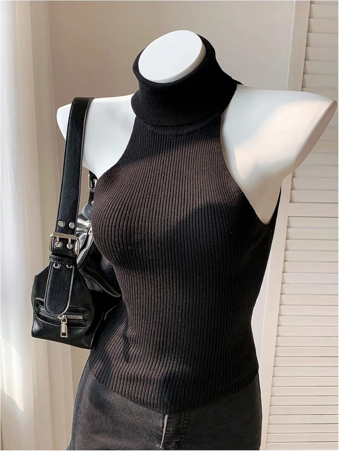Milumia Women's High Neck Turtleneck Sleeveless Sweater Tank Top Ribbed Knit Crop Tops