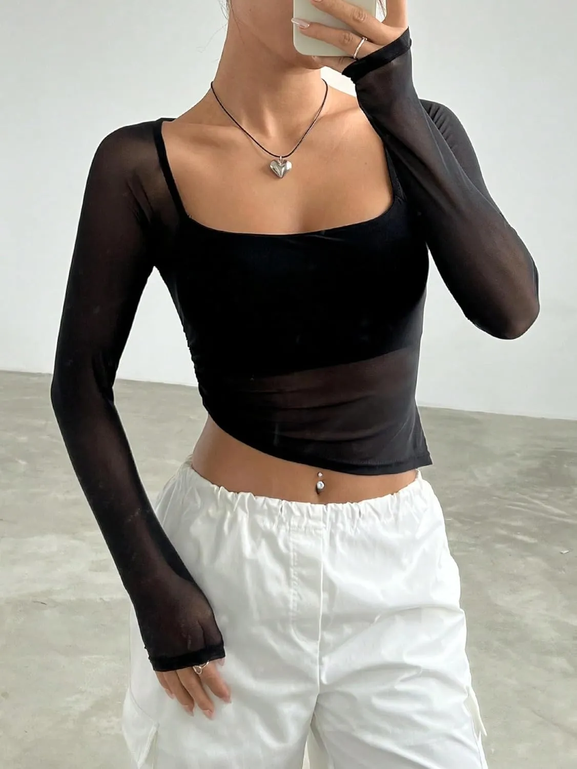 Milumia Women's Mesh Square Neck Long Sleeve Sheer Crop Top Hanky Hem T-Shirts