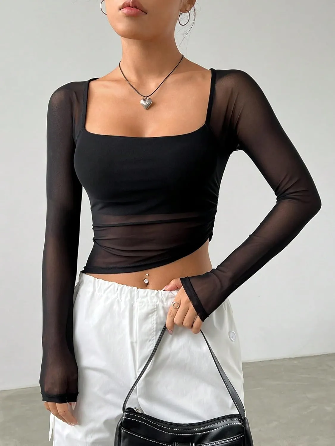 Milumia Women's Mesh Square Neck Long Sleeve Sheer Crop Top Hanky Hem T-Shirts