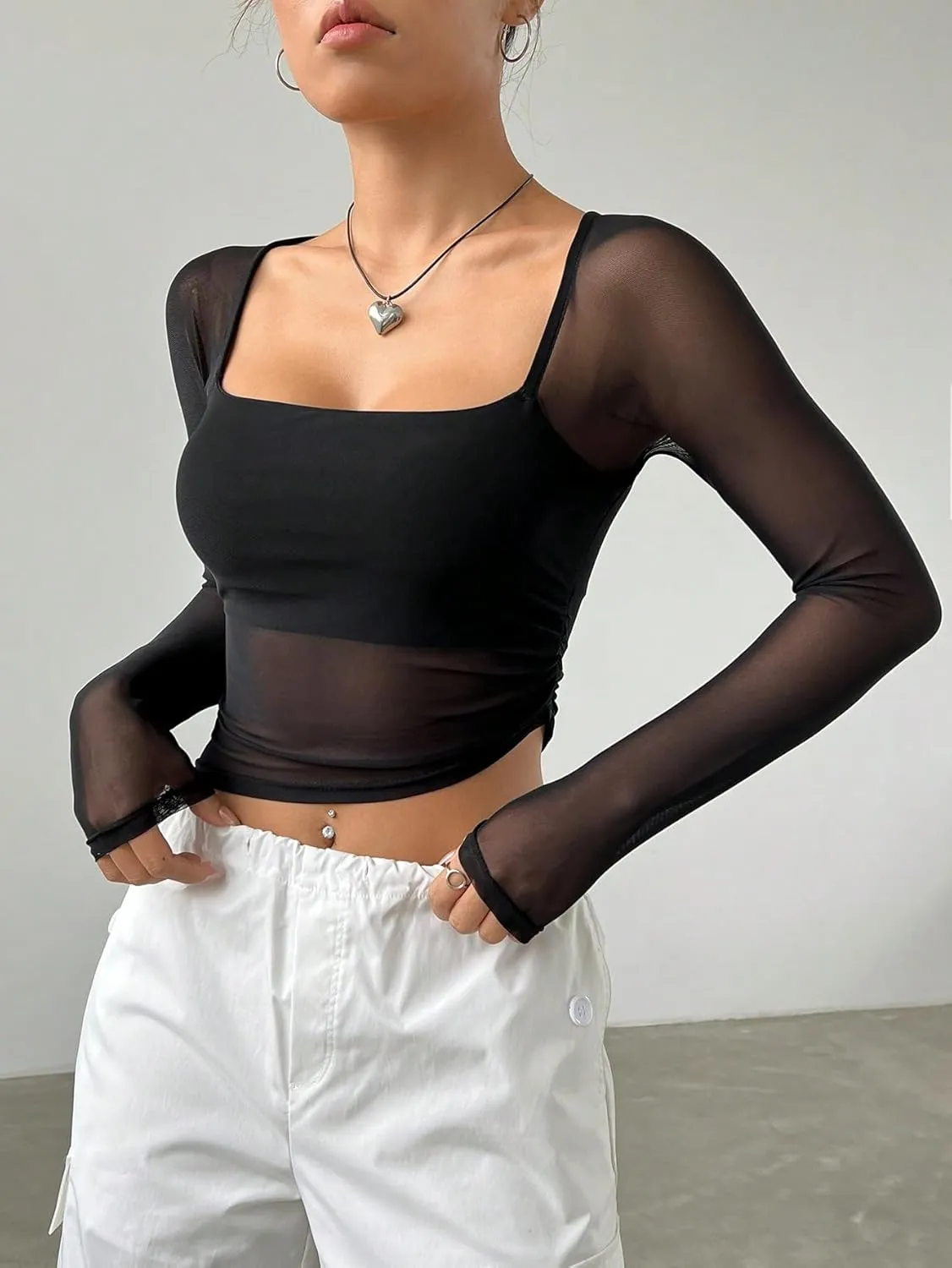 Milumia Women's Mesh Square Neck Long Sleeve Sheer Crop Top Hanky Hem T-Shirts