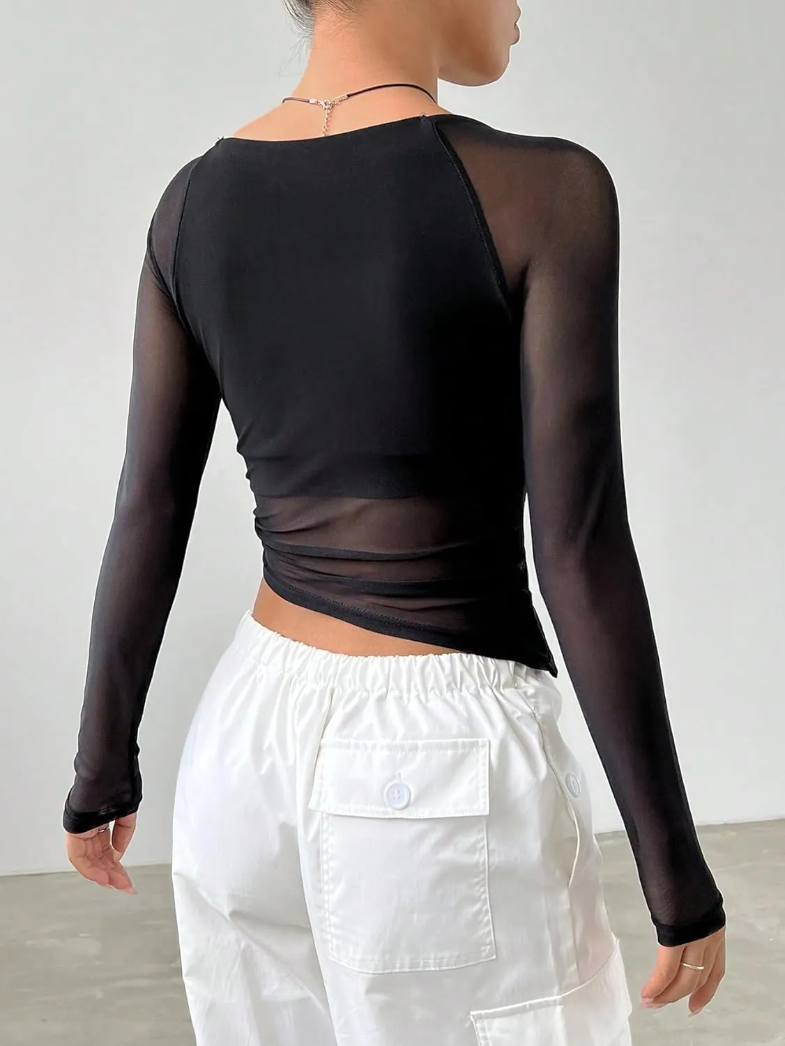 Milumia Women's Mesh Square Neck Long Sleeve Sheer Crop Top Hanky Hem T-Shirts