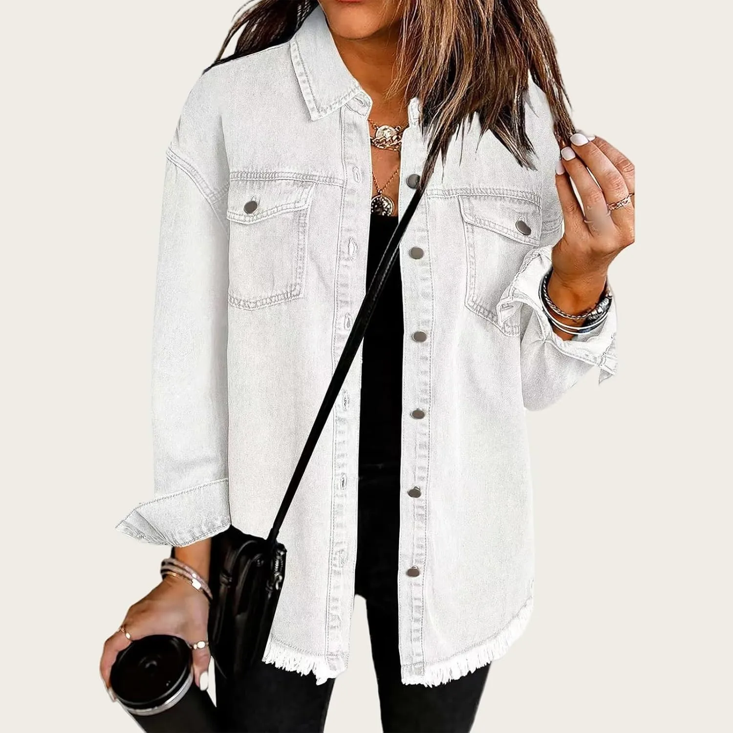 Mmoneyake Oversized Jean Jacket for Women Button Down Long Sleeve Shirt Shacket Boyfriend Denim Jacket Coats with Frayed Hem